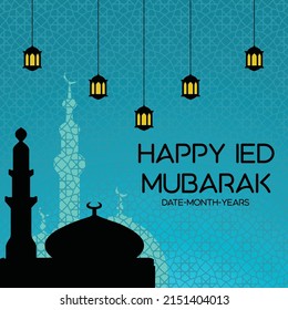 Feliz Eid Al-Fitr, Ramadán y se puede usar como plantilla, diseño de ilustración vectorial con fondo azul