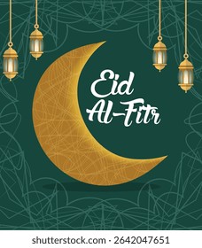 Happy Eid Al-Fitr Vector Social Media Post Template - Moon and Lanterns