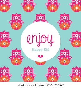 Happy Eid Arabic Muslim holiday hamsa hand of Fatima postcard design in vector