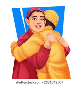 Happy Eid celebration illustration, Muslim young boy hugging and wishing each other. Eid ul-Fitr, Eid ul-Adha. Religious holiday.