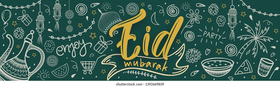 Happy Eid, Creative Hand Drawn Doodle Set of Objects, Outline Banner for Eid Mubarak on Dark Background.