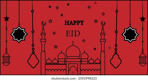 Happy Eid Crescent Moon with Stars and Lantern Vector Illustration – Islamic Festive Design for Ramadan and Eid Celebrations with Transparent Background.