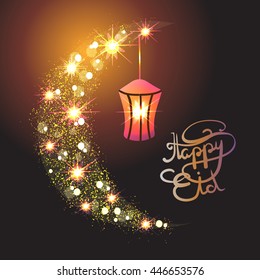 happy Eid fest, Ramadan. glowing shape of moon with lamp and hand lettering. vector illustration.