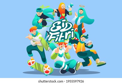 Happy Eid Fitr Holiday Happy Young People 