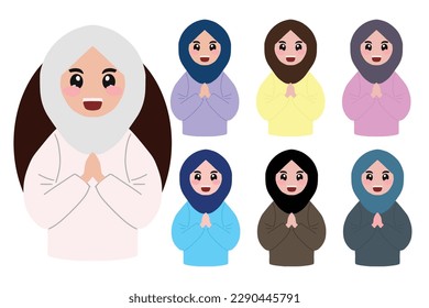 Happy eid fitr isolated on white background. muslim kids character illustration