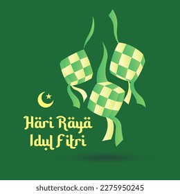 feliz Eid fitr mubarak después de ramadhan. hari raya idul fitri con fondo verde y tres ketupat de bolas de bolas la tradición indonesia celebra el gran día islámico. tarjeta de felicitación con caligrafía. musulmán