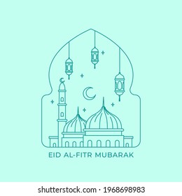 Happy eid fitr mubarak simple clean monoline poster design with great mosque and lantern illustration