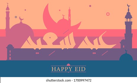 Happy Eid greeting in Arabic Kufic handwritten calligraphy and English serif font on a colorful background with 2d silhouette mosques and hilal in celebration of the Islamic Eid Al-Fitr and Al-Adha