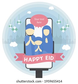 Happy Eid Greeting From A Muslim Family Through Video Call On Mobile Phone Placed On A Phone Stand Holder. 