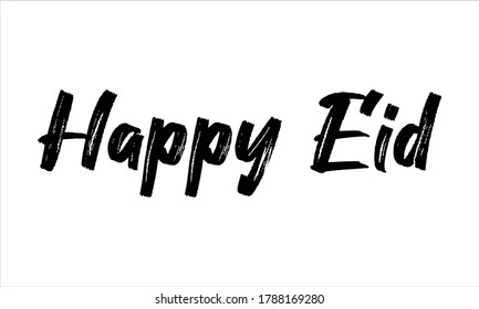 happy eid Hand drawn Brush Typography Black text lettering and phrase isolated on the White background