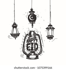 Happy eid, illustration of lights and lamp, celebration, holiday, vector illustration