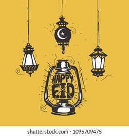 Happy eid, illustration of lights and lamp, celebration, holiday, vector illustration
