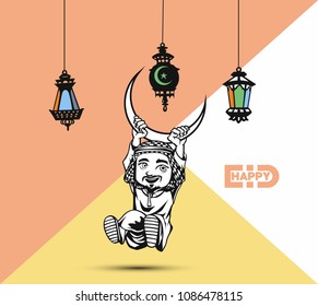 Happy eid, illustration of man under moon, celebration, holiday, vector illustration