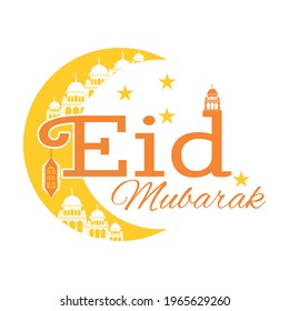 Happy Eid illustration with yellow "Eid Mubarak" text decorated with crescent moon, star and mosque