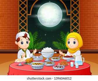 Happy Eid invitation with muslim people preparing iftar