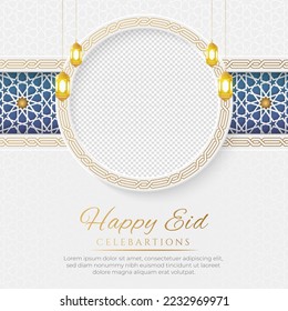 Happy Eid Luxury Islamic Social Media Post with Arabic Style Pattern and Photo Frame