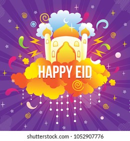 happy eid with mosque and ornament illustration