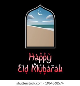 Happy Eid Mubarak 11 with sea theme and black background vector design illustration
