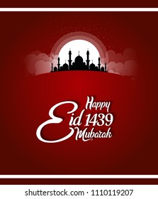 Happy Eid Mubarak 1439 islamic design with black mosque red background. vector illustration for holy month ramadan celebration.