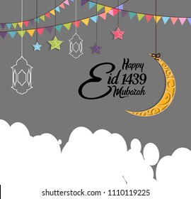 Happy Eid Mubarak 1439 islamic design with moon, cloud, colorful ribbon and star papercut style. vector illustration for holy month ramadan celebration.
