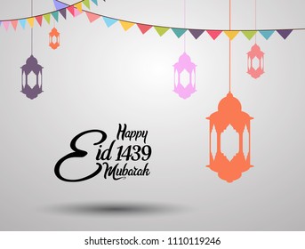 Happy Eid Mubarak 1439 islamic design with colorful ribbon and lantern. vector illustration for holy month ramadan celebration.