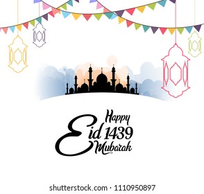 Happy Eid Mubarak 1439 islamic design with colorful lantern and ribbon, black mosque on white background. vector illustration for holy month ramadan celebration.