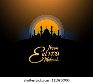 Happy Eid Mubarak 1439 islamic design with black silhouette mosque black background. vector illustration for holy month ramadan celebration.