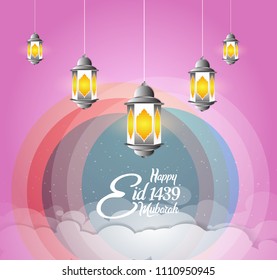 Happy Eid Mubarak 1439 islamic design with lantern pink background. vector illustration for holy month ramadan celebration.