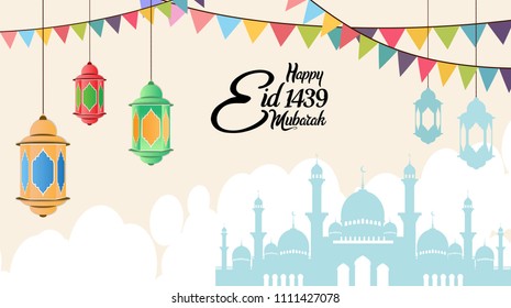 Happy Eid Mubarak 1439 islamic design with colorful lantern, ribbon and mosque. vector illustration for holy month ramadan celebration.