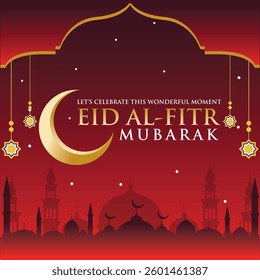 Happy Eid Mubarak 2025 - 1446 H Vector image, Greeting Card minimalist Eid Mubarak Background Vector Red Gradient