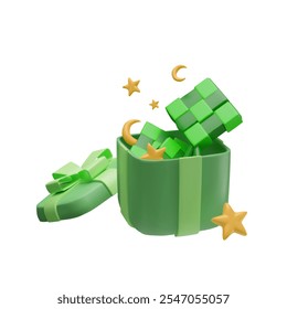 Happy Eid Mubarak 3D realistic design with open green gift box full of Ketupat, golden crescent moon. Eid Al Fitr Cartoon Islamic Ramadan religion symbol. Vector render illustration