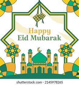 Happy Eid Mubarak-Hintergrundbild mit Moschee- und Ketupat-Bildern