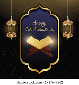 Happy Eid Mubarak Hintergrund mit islamischem Symbol. Illustration mit arabischem Golden und leuchtendem funkeln. Vektorillustration