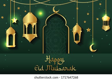 Happy Eid mubarak background with islamic symbol. illustration with arabic golden and glowing sparkling. vector