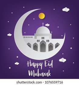 Happy Eid Mubarak Background with Mosque Illustration. Happy Eid Mubarak Greeting Card. Paper Art and Craft Style.