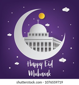 Happy Eid Mubarak Background with Mosque Illustration. Happy Eid Mubarak Greeting Card. Paper Art and Craft Style.
