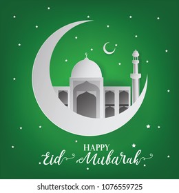 Happy Eid Mubarak Background with Mosque Illustration. Happy Eid Mubarak Greeting Card. Paper Art and Craft Style.