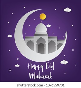 Happy Eid Mubarak Background with Mosque Illustration. Happy Eid Mubarak Greeting Card. Paper Art and Craft Style.