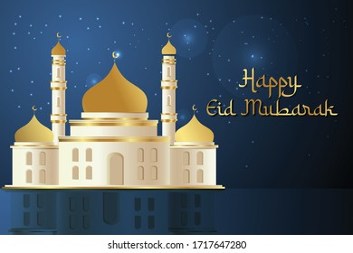 Happy Eid mubarak background with mosque. illustration with arabic golden and glowing sparkling. vector