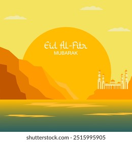 Happy Eid Mubarak with a background of mosque, mountains and trees