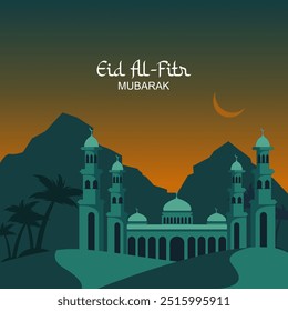 Feliz Eid Mubarak com um fundo de mesquita, montanhas e árvores