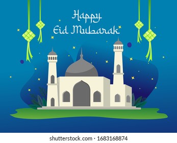 Happy Eid Mubarak Background Template Mosque Illustration Bluish Theme