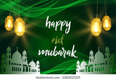 happy eid mubarak banner with beautiful shiny luxury light islamic ornament and abstract gradient dark green background design