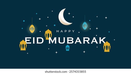 Happy eid mubarak banner, greeting card, poster, holiday cover, lantern, moon and stars ornament