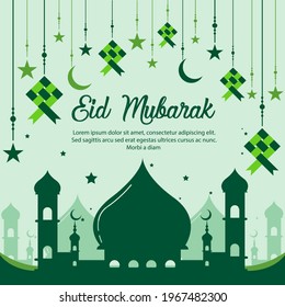 Happy Eid Mubarak banner, Islamic background vector illustration with mosque, crescent moon, silhouette and decorations. Landscape background in flat design style.