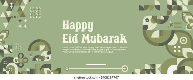 Happy Eid Mubarak banner with pastel colors in a modern geometric style. Islamic greeting card cover happy Eid al-Fitr or Eid Mubarak with typography. Vector illustration for Ramadan celebration