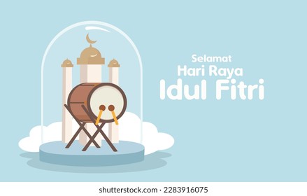 Happy Eid Mubarak Banner. snow with Figurine Mosque Inside. Glass snow globe