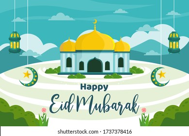Happy Eid Mubarak banner, Tosca Islamic background vector illustration with mosque, lantern, mountain silhouette and green grass decorations. Nature landscape background in flat design style.