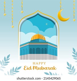 Happy Eid Mubarak banner, Tosca Islamic background vector illustration with mosque, lantern,  green leaves decorations. Nature landscape background in flat design style.