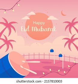 Happy eid mubarak with beautiful decorations. Eid mubarak means generous celebration muslim festival